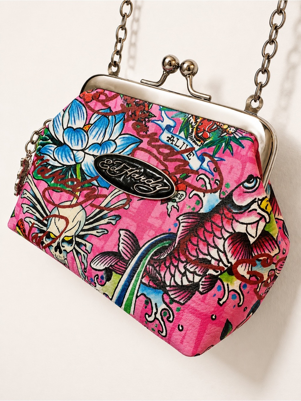 NWOT Ed Hardy Pink Kiss-Lock Chain crossbody - Picture 3 of 8